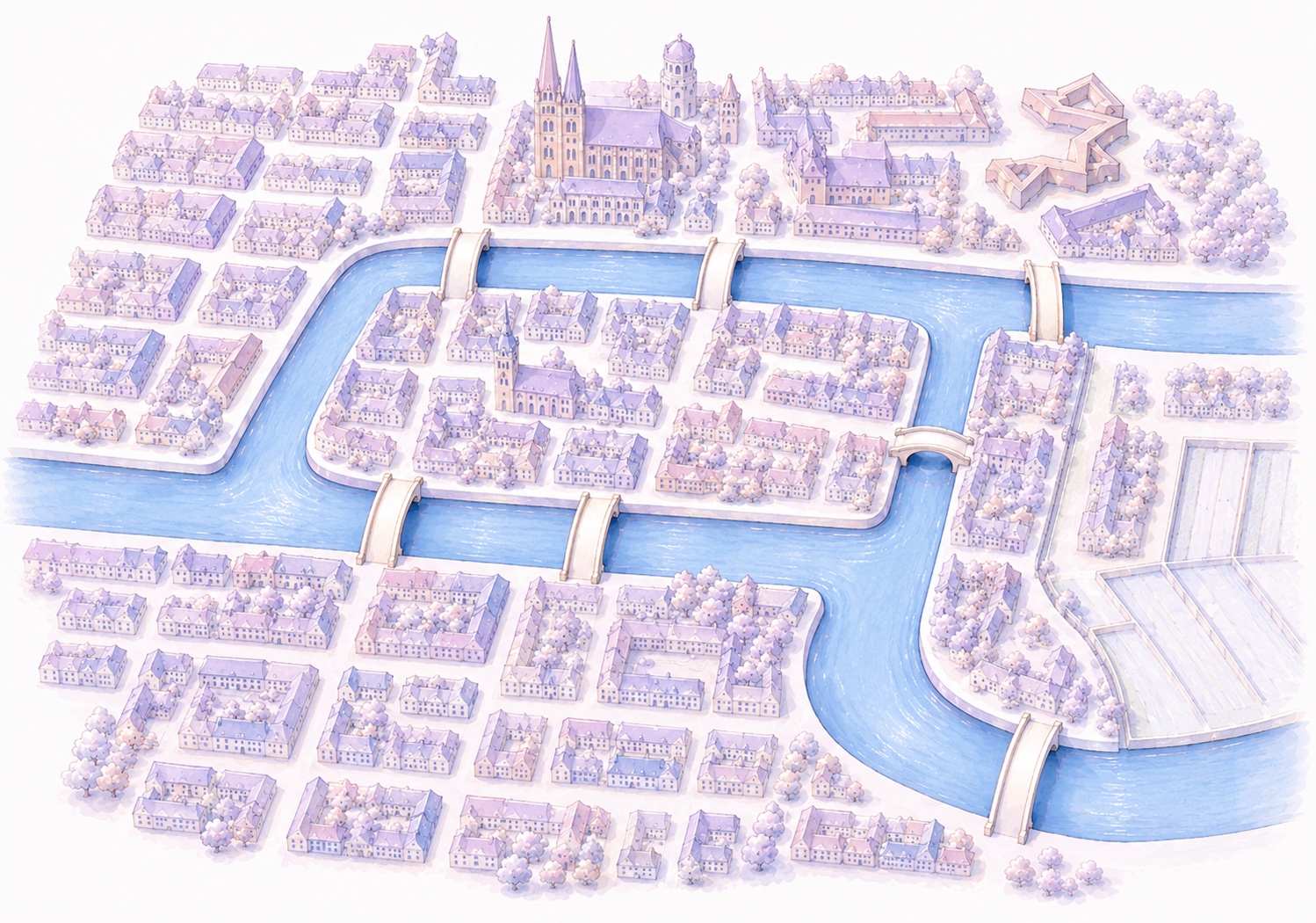 A watercolor-style illustration of the Seven Bridges of Königsberg problem