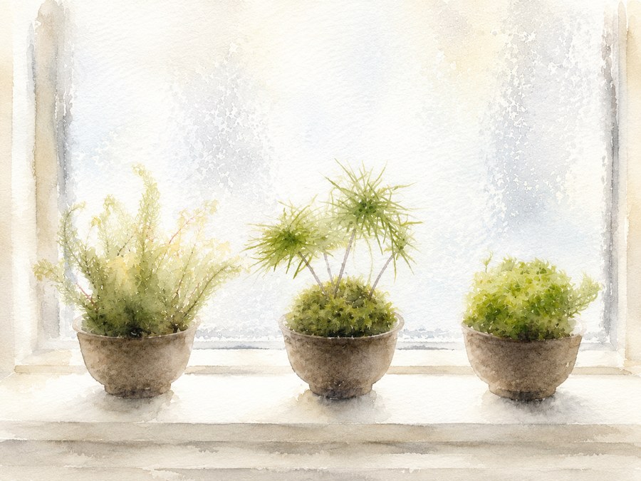 窓辺の苔の水彩調イラスト