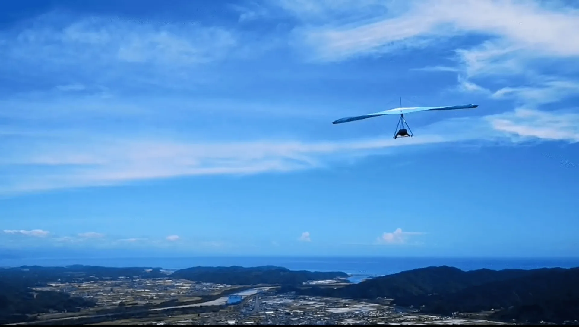 青空を滑空するハンググライダー